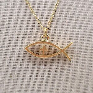 Christian Icthus Fish Pendant Necklace With Cross 18" Chain Religious Jewelry
